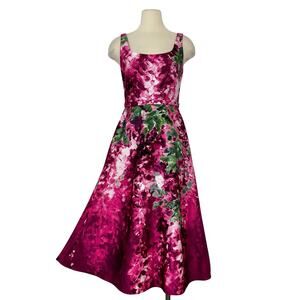Marchesa Notte Printed Duchess Gown Midi Dress Satin Sleeveless Pink Floral 6